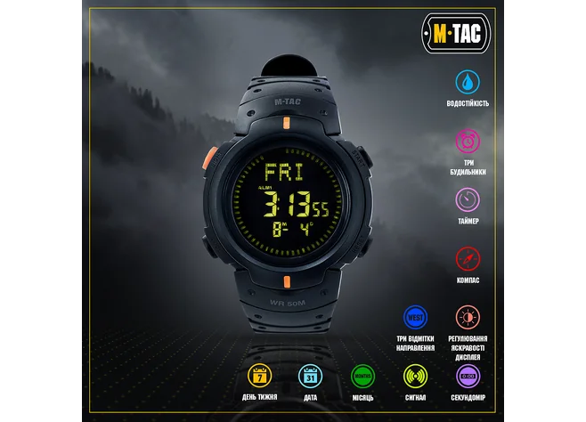 Годинник тактичний з компасом M-Tac Black  Фото 3